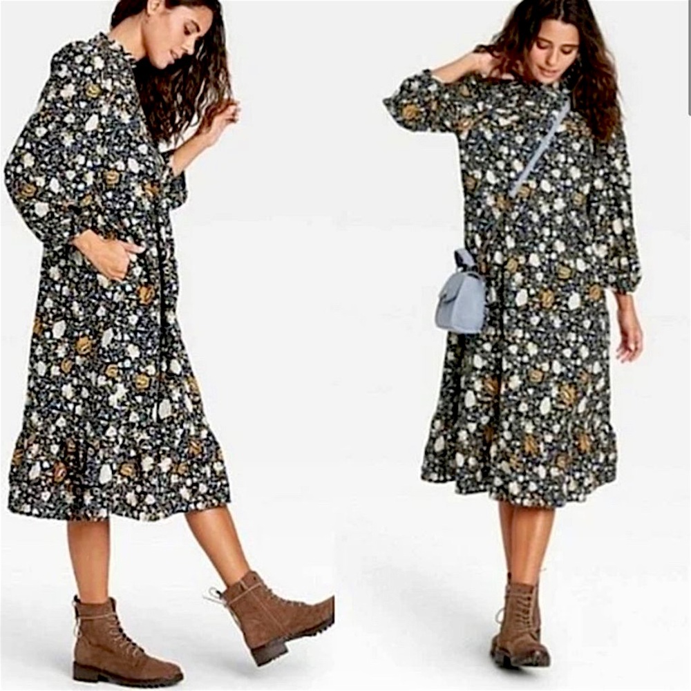 Navy Floral 3/4 Balloon Sleeve Prairie Ruffle Boho Midi Dress S